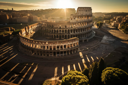 The iconic Colosseum in Rome, Italy, bathed in the warm, golden glow of the morning sun. This historic amphitheater, known for its grandeur and history, stands as a testament to ancient Rome's architectural prowess and is a must-see attraction for travelersの素材