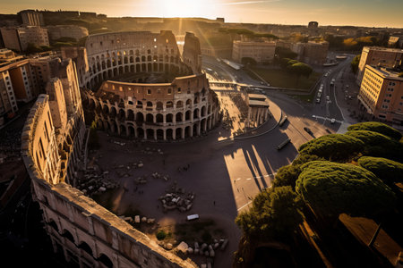 The iconic Colosseum in Rome, Italy, bathed in the warm, golden glow of the morning sun. This historic amphitheater, known for its grandeur and history, stands as a testament to ancient Rome's architectural prowess and is a must-see attraction for travelersの素材