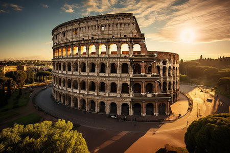 The iconic Colosseum in Rome, Italy, bathed in the warm, golden glow of the morning sun. This historic amphitheater, known for its grandeur and history, stands as a testament to ancient Rome's architectural prowess and is a must-see attraction for travelersの素材