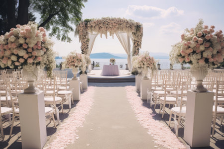 A picturesque outdoor wedding ceremony and celebration on a sunny day. The bride and groom, dressed elegantly, stand in a beautifully decorated venue surrounded by vibrant flowers. This image captures the essence of a luxury wedding, and it has been expertly post-processed to enhance its visual appealの素材
