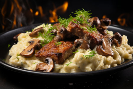 Delight in the culinary artistry of barbecue pork medallions, generously smothered in a rich and creamy mushroom sauce, elegantly plated for your dining pleasure. This delectable dish is a masterpiece of flavor and presentationの素材
