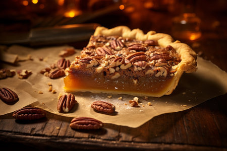 Capture the essence of Thanksgiving with these delectable slices of pumpkin and pecan pie, artfully arranged on parchment paper. These mouthwatering desserts are the perfect addition to your holiday feastの素材