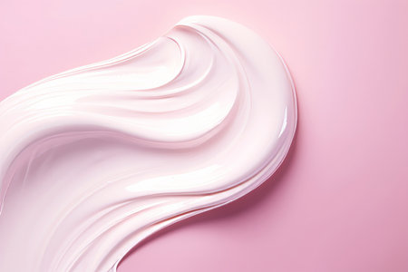 Discover the beauty of skincare with this elegant white cosmetic cream swatch against a soft pink backdrop. Ideal for showcasing various beauty products such as creams, serums, shampoos, balms, and masks. Top view compositionの素材