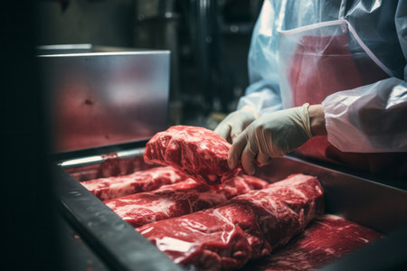 Capture the skilled hands of a meat factory worker as they expertly pack fresh meat into plastic foil using a specialized machine. This image showcases the precision and dedication involved in the meat processing industryの素材