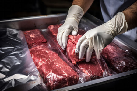 Capture the skilled hands of a meat factory worker as they expertly pack fresh meat into plastic foil using a specialized machine. This image showcases the precision and dedication involved in the meat processing industryの素材