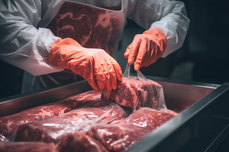 Capture the skilled hands of a meat factory worker as they expertly pack fresh meat into plastic foil using a specialized machine. This image showcases the precision and dedication involved in the meat processing industryの素材