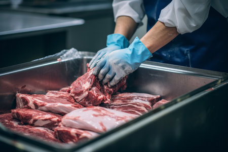 Capture the skilled hands of a meat factory worker as they expertly pack fresh meat into plastic foil using a specialized machine. This image showcases the precision and dedication involved in the meat processing industryの素材