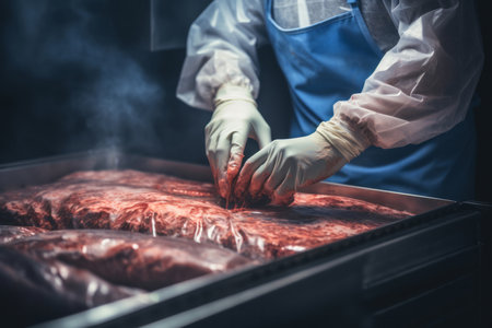 Capture the skilled hands of a meat factory worker as they expertly pack fresh meat into plastic foil using a specialized machine. This image showcases the precision and dedication involved in the meat processing industryの素材