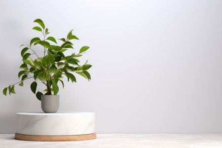 Transform your presentations and displays with this sophisticated white marble pedestal podium mockup. Set against a pristine white marble wall backdrop, this mockup features a natural leaf and plant, infusing a touch of nature into your visual projects. Ideal for showcasing art, products, or any content that demands a touch of luxury and eleganceの素材