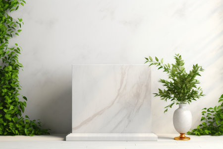 Transform your presentations and displays with this sophisticated white marble pedestal podium mockup. Set against a pristine white marble wall backdrop, this mockup features a natural leaf and plant, infusing a touch of nature into your visual projects. Ideal for showcasing art, products, or any content that demands a touch of luxury and eleganceの素材