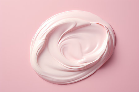 Discover the beauty of skincare with this elegant white cosmetic cream swatch against a soft pink backdrop. Ideal for showcasing various beauty products such as creams, serums, shampoos, balms, and masks. Top view compositionの素材