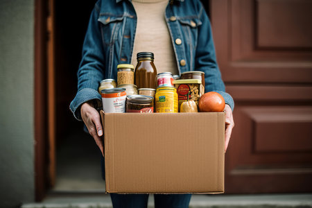In a heartwarming act of kindness, a woman's hands delicately cradle a cardboard box filled with essential grocery products. This image captures the essence of generosity, as a volunteer passionately collects food for donation to those in need. It symbolizes the spirit of charity, food banks, and support for underprivileged families, migrants, and refugeesの素材