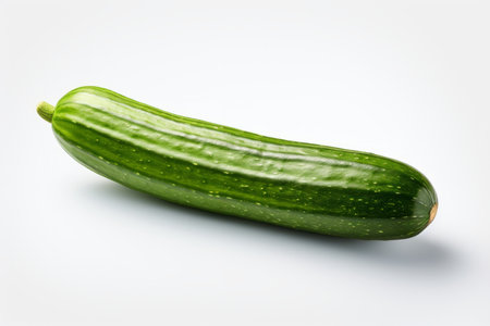 This high-quality, realistic photograph captures the beauty of a cucumber in intricate detail. Presented in a front view with a pristine white background, this image showcases the cucumber's freshness and vibrant green color. The studio lighting and high contrast offer a striking visual appeal, making it ideal for various culinary, health, or design projectsの素材