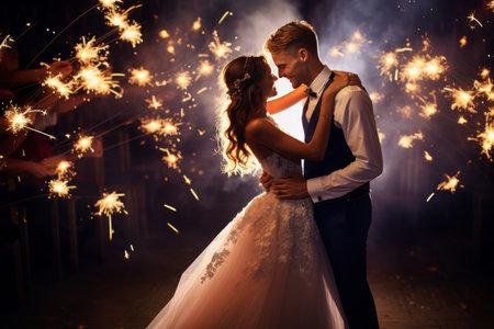 Celebrate love and romance with this enchanting image of a newlywed couple holding sparklers at their wedding. The sparklers' glow adds a touch of magic to their special day, creating a beautiful and memorable moment. Perfect for wedding, romance, and celebration themesの素材