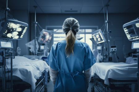 A dedicated surgeon, a woman of expertise and precision, as seen from behind, in the critical environment of a hospital intensive care unit (ICU). Her presence signifies commitment to healthcare excellenceの素材