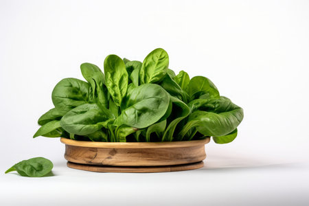 This image showcases fresh spinach leaves in a realistic style against a white, flat-colored background. The photo, taken from a front view, highlights the natural green hues and textures of the spinach, making it ideal for a wide range of applications including culinary websites, health and nutrition blogs, and recipe booksの素材