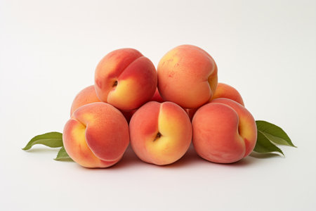 This image beautifully captures ripe peaches in a realistic style against a white, flat-colored background. Shot from a front view, it emphasizes the lush, juicy texture and vibrant color of the peaches, making it perfect for a variety of uses including culinary publications, food blogs, and health and wellness contentの素材