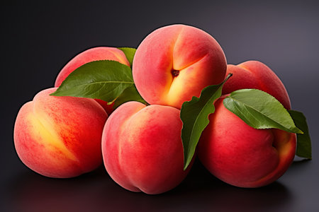 This image beautifully captures ripe peaches in a realistic style against a white, flat-colored background. Shot from a front view, it emphasizes the lush, juicy texture and vibrant color of the peaches, making it perfect for a variety of uses including culinary publications, food blogs, and health and wellness contentの素材