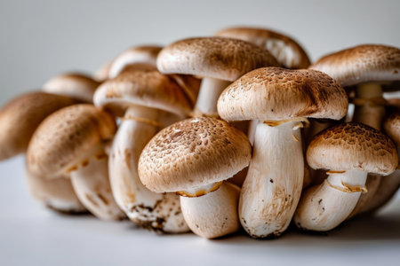 This realistic photo captures assorted mushrooms against a white, flat-colored background. The front view of the mushrooms showcases their unique textures and natural earthy tones, making this image ideal for culinary publications, health and wellness content, and gourmet cooking guidesの素材