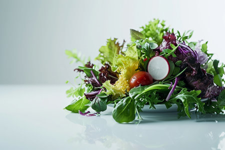 This photo showcases a fresh salad mix in a realistic style, prominently displayed against a white, flat-colored background. Captured from a front view, it highlights the variety of greens and their natural textures and colors, making it ideal for use in culinary websites, health and nutrition blogs, and recipe booksの素材