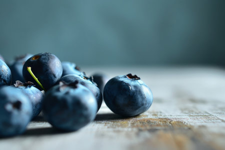 This photo captures the rich, natural beauty of fresh blueberries in a realistic style, set against a white, flat-colored background. The front view highlights the deep blue hues and delicate textures of the berries, making it perfect for culinary websites, health and wellness publications, and food packaging designsの素材