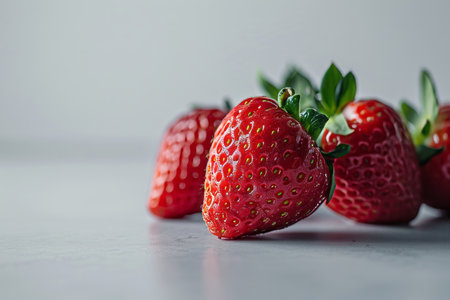 This image captures the lush allure of ripe strawberries in a realistic style, illuminated by studio lighting against a white, flat-colored background. The front view emphasizes the vivid red color and fresh texture of the strawberries, making it perfect for culinary websites, food packaging, and health and wellness contentの素材