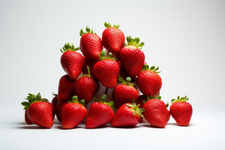 This image captures the lush allure of ripe strawberries in a realistic style, illuminated by studio lighting against a white, flat-colored background. The front view emphasizes the vivid red color and fresh texture of the strawberries, making it perfect for culinary websites, food packaging, and health and wellness contentの素材