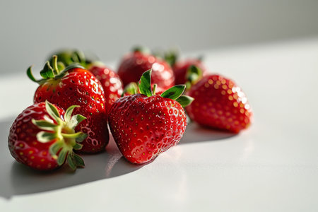This image captures the lush allure of ripe strawberries in a realistic style, illuminated by studio lighting against a white, flat-colored background. The front view emphasizes the vivid red color and fresh texture of the strawberries, making it perfect for culinary websites, food packaging, and health and wellness contentの素材