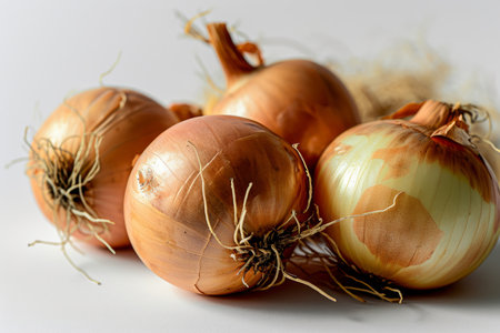This photo captures whole onions in a realistic style against a white, flat-colored background. The front view highlights the onions' natural textures and layers, making this image suitable for culinary websites, recipe books, and educational materials on cooking and nutritionの素材