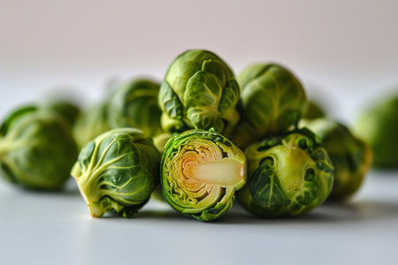 This photo captures fresh Brussels sprouts in a realistic style against a white, flat-colored background. The front view showcases the sprouts' vivid green hue and detailed texture, making it ideal for culinary websites, health and nutrition blogs, and food packaging designsの素材