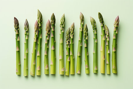 This realistic photo displays fresh asparagus spears against a white, flat-colored background. The front view highlights the asparagus' vibrant green color and natural texture, making it an excellent choice for culinary websites, health and nutrition guides, and gourmet cooking contentの素材