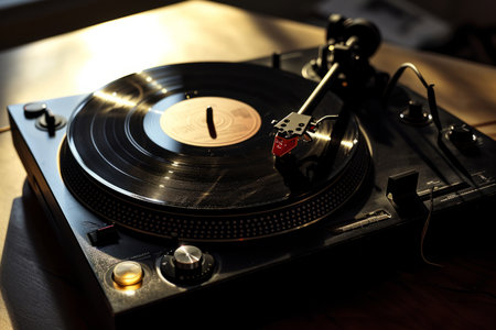This dynamic photo captures a turntable in action, playing a vinyl record. The high contrast and motion blur bring a sense of movement and energy to the scene, perfectly conveying the essence of music and audio enjoyment. This image is ideal for content related to music, audio equipment, and retro themesの素材