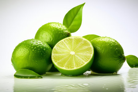 This image showcases fresh limes in a realistic style against a white, flat-colored background. The front view emphasizes the vibrant green color and fresh texture of the limes, making it ideal for culinary websites, cocktail recipe content, and health and wellness materialsの素材