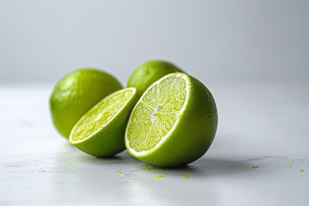 This image showcases fresh limes in a realistic style against a white, flat-colored background. The front view emphasizes the vibrant green color and fresh texture of the limes, making it ideal for culinary websites, cocktail recipe content, and health and wellness materialsの素材