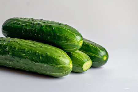 This realistic photo showcases fresh cucumbers against a white, flat-colored background. The front view emphasizes the cucumbers' vibrant green color and refreshing texture, making it a perfect choice for culinary websites, health and wellness content, and grocery marketingの素材