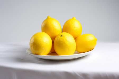 This photo vividly captures fresh lemons in a realistic style, set against a white, flat-colored background. The front view emphasizes the bright yellow color and the glossy texture of the lemons, making it ideal for a variety of uses such as culinary websites, health and nutrition blogs, and grocery advertisingの素材