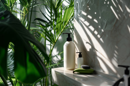 This elegantly styled photo features a mock-up of a blank label bottle, potentially for shampoo, lotion, or moisturizer, placed on a shelf in a bathroom. The setting is enhanced by the presence of a green tropical banana tree, bathed in natural sunlight, symbolizing luxury beauty, cosmetic elegance, skincare, and body treatment themesの素材