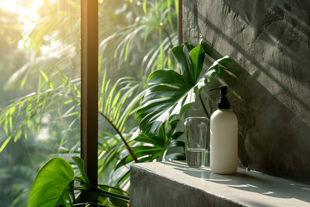 This elegantly styled photo features a mock-up of a blank label bottle, potentially for shampoo, lotion, or moisturizer, placed on a shelf in a bathroom. The setting is enhanced by the presence of a green tropical banana tree, bathed in natural sunlight, symbolizing luxury beauty, cosmetic elegance, skincare, and body treatment themesの素材
