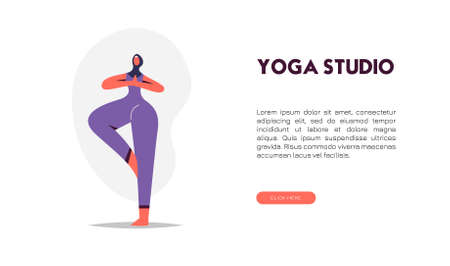 Yoga studio banner. Girl in hijab doing yoga position. Flat vector illustration.のイラスト素材