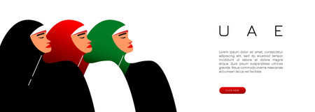 United Arab Emirates greeting card. Silhouettes of young arab women wearing colorful hijab. Vector illustration in flat style.のイラスト素材