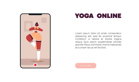 Online meditation on the phone. A girl who does yoga exercises. Home distancing. Online yoga lessons. Live on the Internet.のイラスト素材