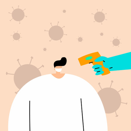 Temperature check. The doctor holds a non-contact thermometer in his hand. Face mask. Coronavirus prevention. Vector flat design illustration.のイラスト素材