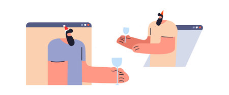 Young people celebrate Christmas and New Year online. Meeting friends over the Internet using a phone, tablet, computer. Celebrate holidays together, drink champagne.のイラスト素材