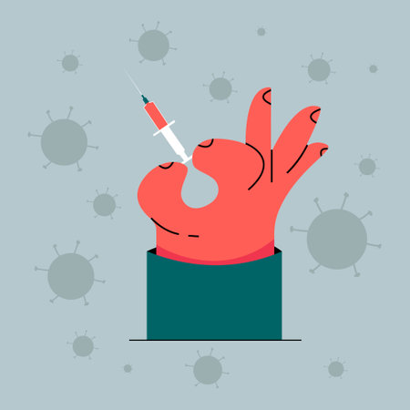 Time to get vaccinated. A hand holding a syringe with a vaccine against coronavirus and flying coronavirus bacteria in the air. Pandemic treatment concept.のイラスト素材