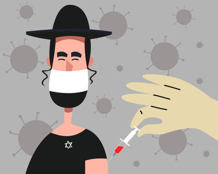 Doctor injects vaccine in a patients shoulder. For medical publications, immunization and vaccination campaign of people against infection and bacterial disease.Israeli man in a medical mask.のイラスト素材