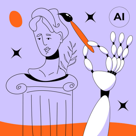 Art generated by artificial intelligence. Ai using drawing software to create an artwork on a drawing tablet. Robot with AI technology creating digital illustrations and generate iのイラスト素材