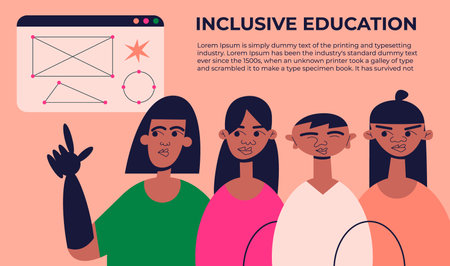Disabled child in wheelchair studying at school. Concept of social inclusion of children with disability into education. Colored flat vector illustration.のイラスト素材