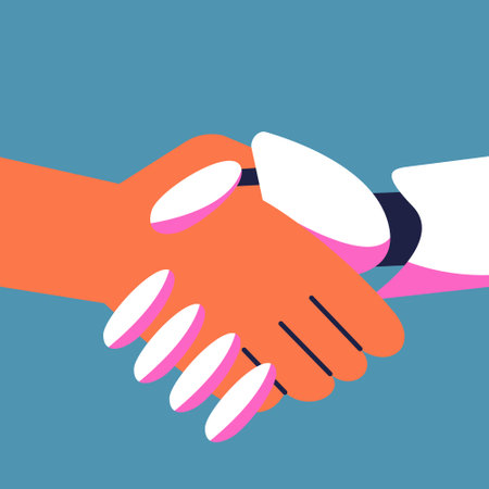 AI Robot and businessman shake hands. Cooperation of man and artificial intelligence in business. Flat vector illustration.のイラスト素材