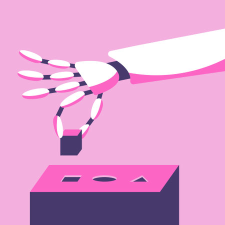 The robot plays the shape sorter toy. Artificial intelligence and machine learning concept. Flat vector illustration in pink color.のイラスト素材