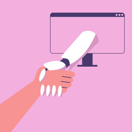 AI Robot and man shake hands. Cooperation of people and artificial intelligence in business. Flat vector illustration.のイラスト素材